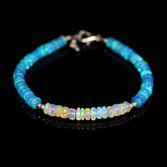 Handmade Paraiba White Opal Bracelet, Rondelle Beads, October Birthstone Gift