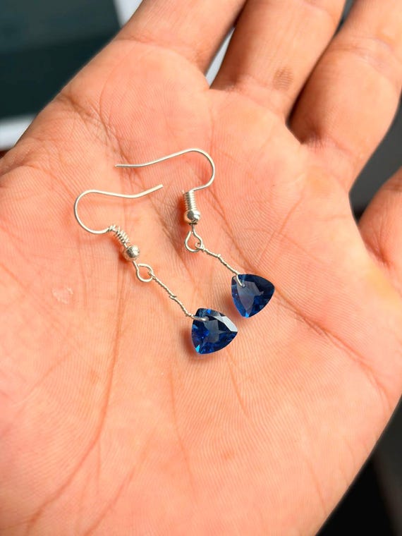 Blue Sapphire Trillion Dangle Earring, Wire Wrapped Gemstone Fish Hook Earring, Sterling Silver Royal Blue Drop Jewelry, Gift for Her.