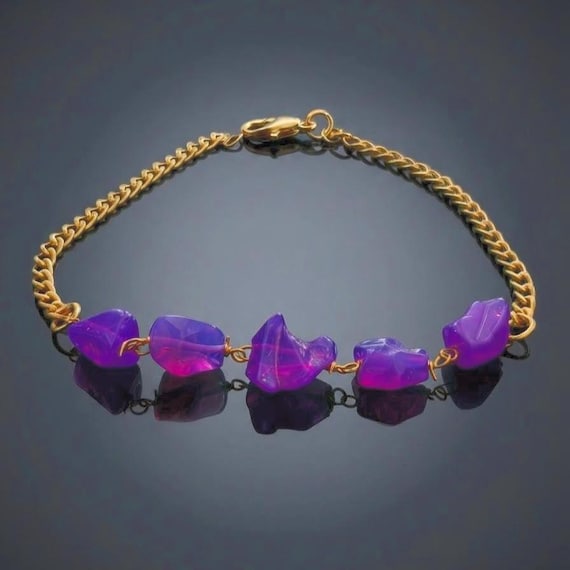 Natural Lavender Opal Wrapped Chain Bracelet, Raw Purple Fire Opal Freeform Stone Bracelet for Women, Dainty Crystal Opal Gift.