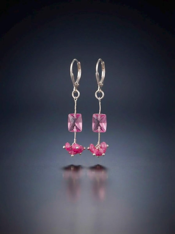 Handmade Sapphire, Pink Opal Dangle Earring, Sterling Silver Leverback Wire, Faceted Gemstone, Opal Cluster Jewelry, Unique Gift for Her