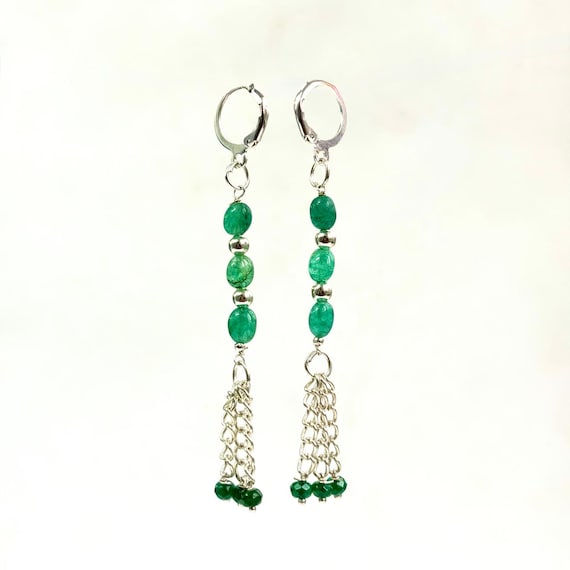 Natural Emerald Dangle Earrings, Raw Green Gemstone Drop Earrings, Silver Chain Tassel Leverback Earrings, Gemstone Jewelry, Gift for Her