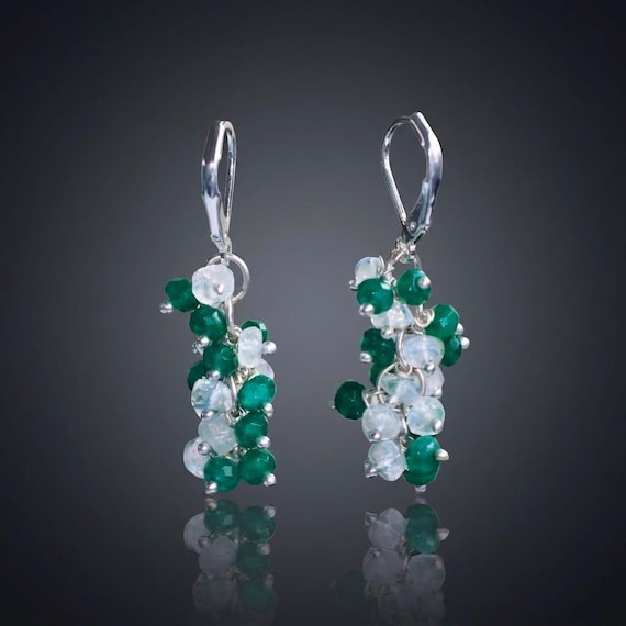 Emerald And Rainbow Moonstone Earrings, AAA Rainbow , 925 Sterling Silver earrings, Cluster earrings for her, Women earrings, Gift for her.