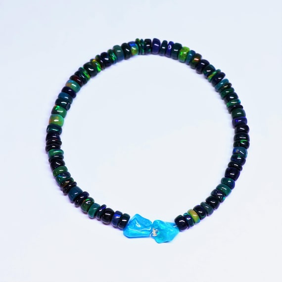 Minimalist Style Black Fire Opal Rondelle And Paraiba Tumble Bracelet, Ethiopian AAA Gemstone Jewelry, Gift For Her