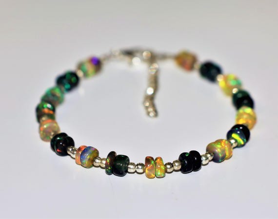 Genuine Black and Ethiopian Opal Bracelet, Natural Fire Opal Beaded Bracelet with Silver Spacers, October Birthstone, Dainty Gemstone Gift