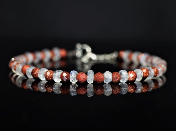 Handmade Sunstone Moonstone Beaded Bracelet, Natural Gemstone, Dainty Boho Jewelry