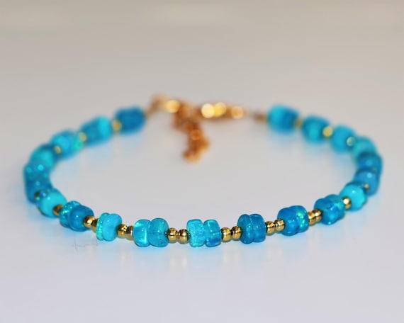 Vintage Fire Paraiba Opal bracelet, Minimalist bracelet, Handmade jewelry, AAA Ethiopian opal beaded bracelet, quality opal bracelet.