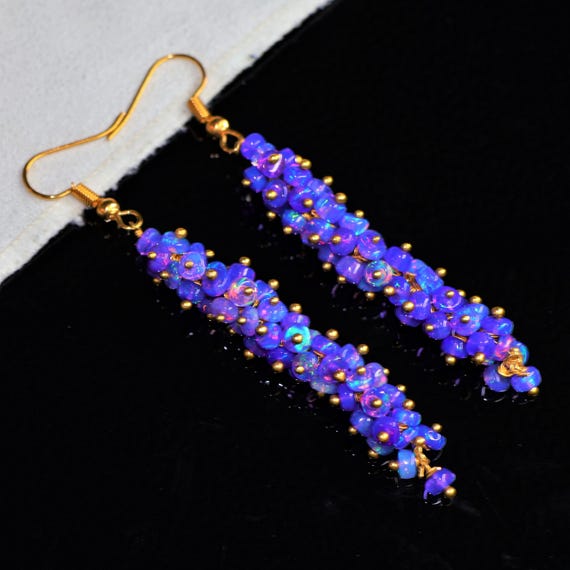 Vintage Lavender Opal Cluster Earrings, AAA Ethiopian Fire Opal, 925 Sterling Silver