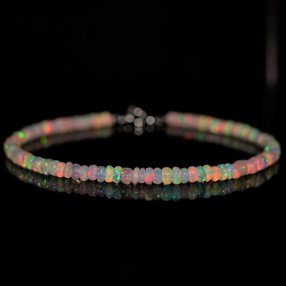 Natural Fire Opal bracelet, Minimalist bracelet, Handmade jewelry, AAA Ethiopian opal beaded bracelet, quality opal bracelet gift for her.