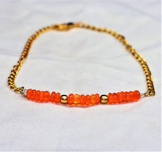 Handmade Orange Fire Opal Beaded Bracelet, Minimalist October Birthstone Jewelry
