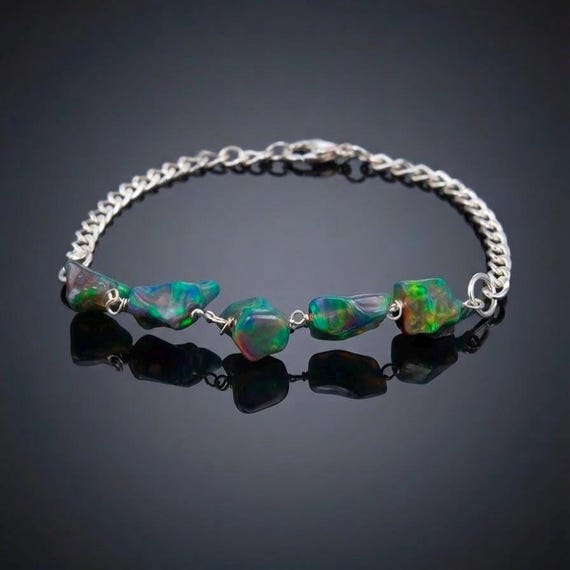 Natural Black Opal Wrapped Chain Bracelet, Raw Black Fire Opal Freeform Stone Bracelet for Women, Dainty Crystal Opal Gift.