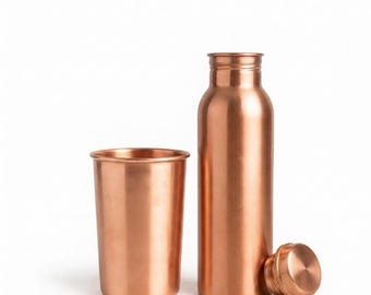 Handgefertigtes Set aus reiner Kupferflasche und Glas, ayurvedisches Kupfergefäß, 950-ml-Flasche und 300-ml-Becher, Yoga- und Wellness-Geschenk