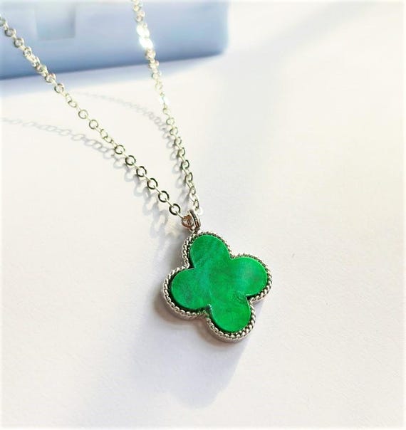 Handmade Green Clover Necklace, Silver Plated Four Leaf Pendant, Malachite Style Luck Charm