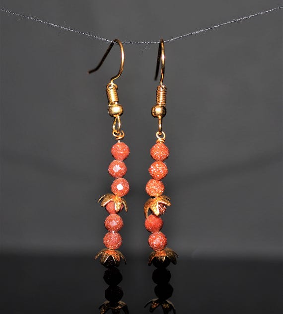 Sparkling Sunstone Dangle Earrings, Handmade Gemstone Bead Drop Earrings, Gold Plated Boho Sparkle Earrings, Gift for Her