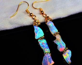 Natural Ethiopian opal shaded earrings for women, October birthstone fire opal jewelry, Vintage fire opal earrings, 925 Sterling silver