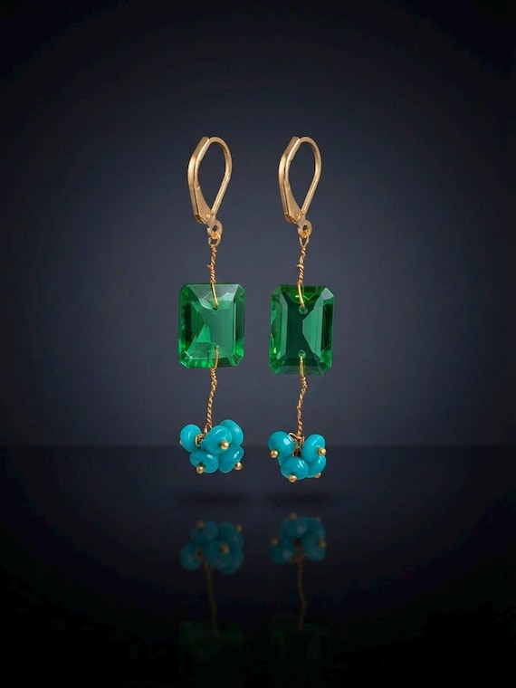 Green Emerald Gemstone And Green Fire Opal Beaded Cluster Earrings, Bohemian Sterling Silver For Women And Boho Jewelry, Minimalist Earring