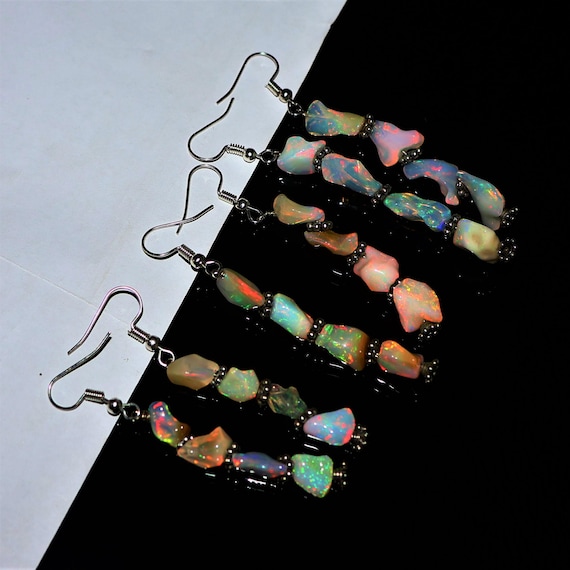 Natural Ethiopian Opal Earrings, October Birthstone Fire Opal Jewelry, Sterling Silver Cluster