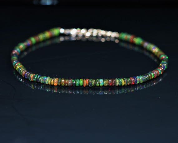 Handmade Black Fire Opal Rondelle Bracelet, Ethiopian AAA Gemstone Jewelry