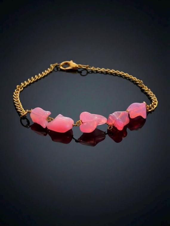 Natural Pink Opal Wrapped Chain Bracelet, Raw Pink Fire Opal Freeform Stone Bracelet for Women, Dainty Crystal Opal Gift.