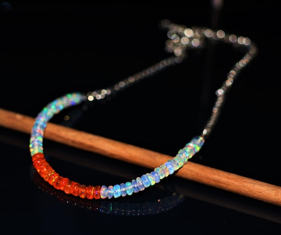 Vintage White -Orange Fire Opal Necklace, Minimalist Necklace, Handmade jewelry, AAA opal beaded Necklace, opal Necklace gift for her.