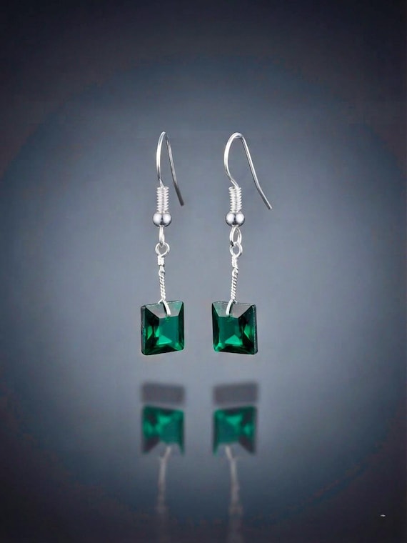 Emerald Square Drop Earrings, Silver Wire Wrapped Green Gemstone Dangles, Geometric Minimalist Jewelry, May Birthstone Gift for Women