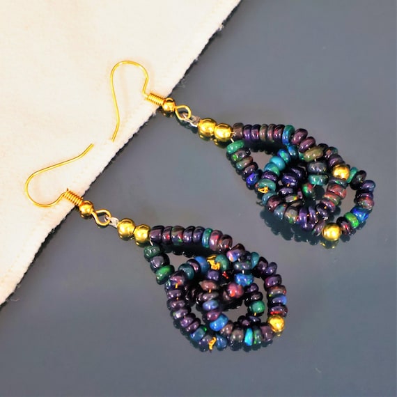 Vintage Black Fire Opal Jewelry, Ethiopian Opal Earrings, 925 Sterling Silver Earring, Gold Earring, Cluster Earrings For Her, Gift For Her.