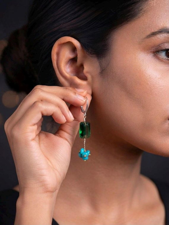 Green Emerald Gemstone And Green Fire Opal Beaded Cluster Earrings, Bohemian Sterling Silver For Women And Boho Jewelry, Minimalist Earring