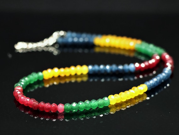 Natural Ruby Emerald Sapphire Beads Necklace, Multi Gemstone Faceted Rondelle Bead Choker, Precious Precious Stone Strand Jewelry