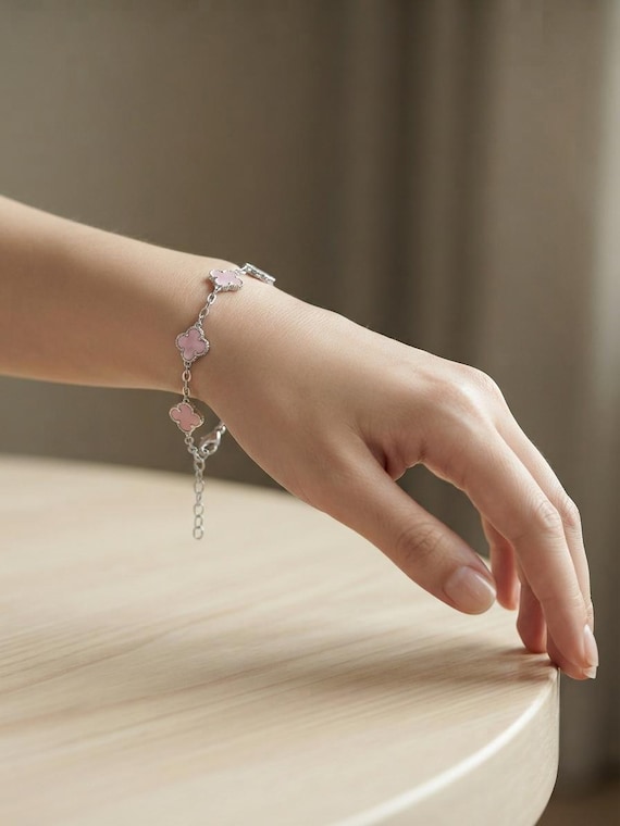 Silver Clover Bracelet, Pink Four Leaf Clover Bracelet, Pink Flower Jewelry, Lucky Clover Chain Bracelet, Minimalist Bracelet, Gift for Her