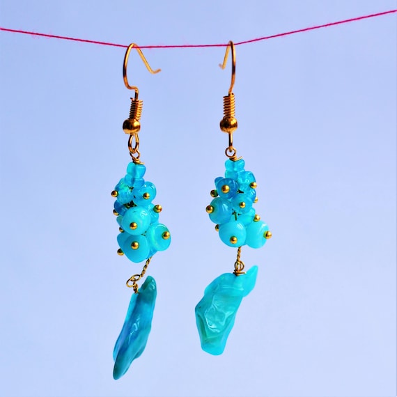 Minimalist Style Paraiba Opal Beaded And Tumble Earrings, AAA Opal Earring For Women, Paraiba Opal Beaded Earring, Perfect For Gift For Her.