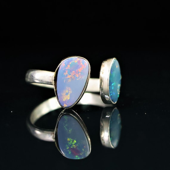 1.98 Gram Australian Opal Ring, Sterling Silver Ring, Blue Opal Ring, Adjustable Minimalist Gemstone Jewelry, Double Stone Ring Gift for Her
