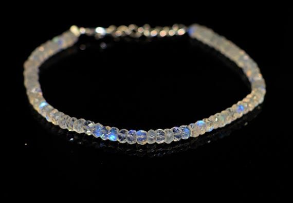 Natural White Rainbow  Faceted Beaded Bracelets  Blue Fire Rainbow Moonstone Bracelet 925 Staling silver.