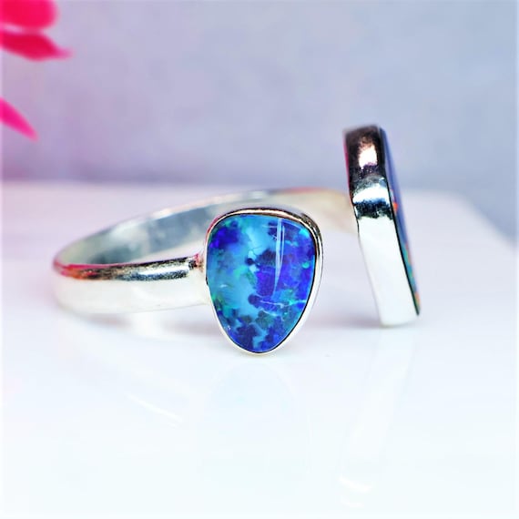 Natural  Australian Opal Ring, Sterling Silver Ring, Blue Opal Ring, Adjustable Minimalist Gemstone Jewelry, Double Stone Ring Gift for Her.