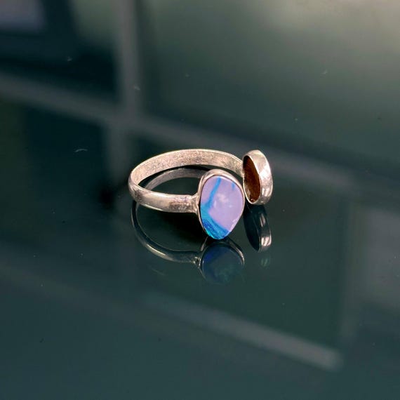 2.05 Gram Australian Opal Ring, Sterling Silver Ring, Blue Opal Ring, Adjustable Minimalist Gemstone Jewelry, Double Stone Ring Gift for Her