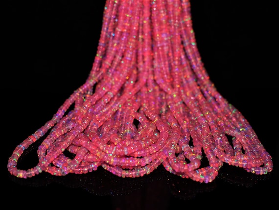 Natural Pink Fire Opal Smooth Rondelle Beads Strand, Neon Pink Opal Gemstone Beads, High Fire Play Opal Beads for Jewelry Making DIY