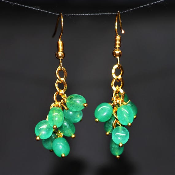 Smooth Emerald small tumble cluster earrings for women, 925 Sterling silver earrings, AAA Emerald earrings, Handmade earrings, Gift for her.