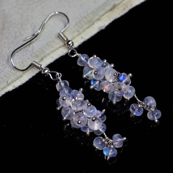 Vintage Rainbow Moonstone Earrings, AAA Rainbow , 925 Sterling Silver earrings, Cluster earrings for her, Women earrings, Gift for her.