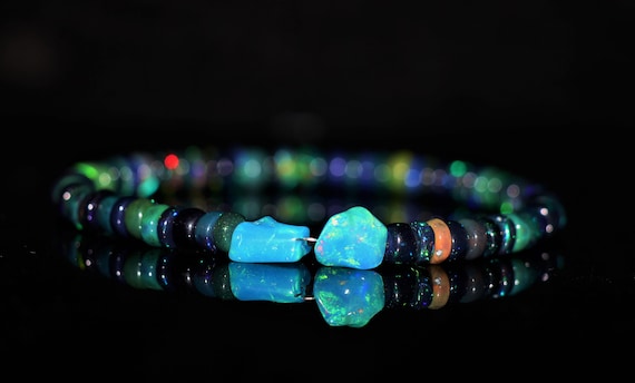 Minimalist Style Black Fire Opal Rondelle And Paraiba Tumble Bracelet, Ethiopian AAA Gemstone Jewelry, Gift For Her