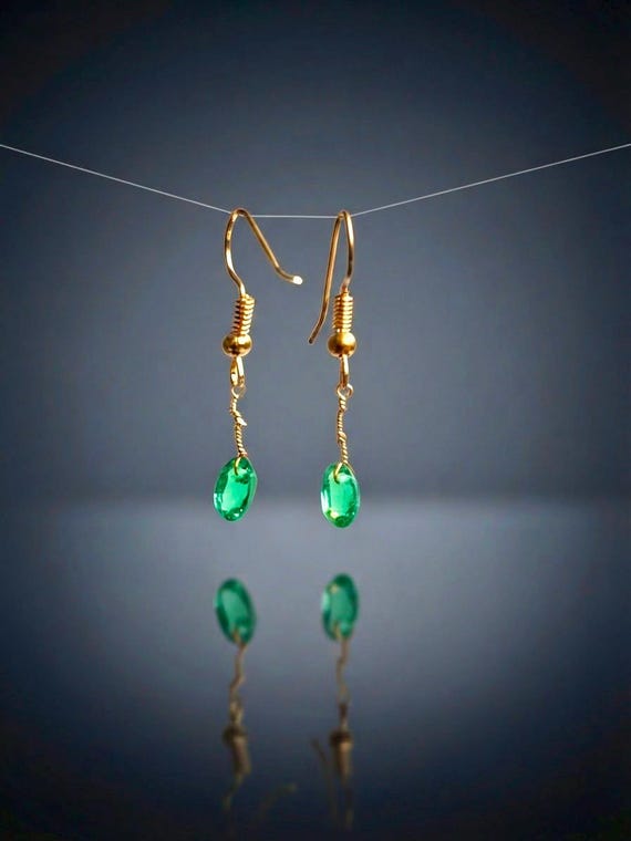 Emerald Dangle Earrings, Wire Wrapped Green Gemstone Drop Earrings, Gold Minimalist Dainty Jewelry, Gift for Her, May Birthstone Earrings
