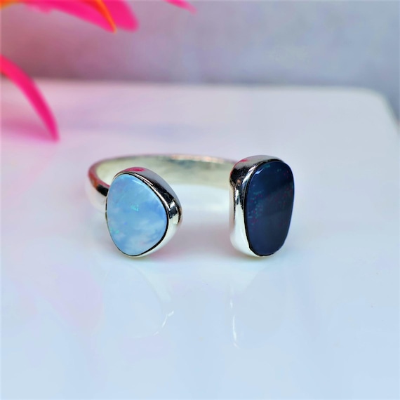Adjustable Australian Opal Ring, Sterling Silver Ring, Natural Blue Opal Ring, Minimalist Gemstone Jewelry, Double Stone Ring Gift for Her.