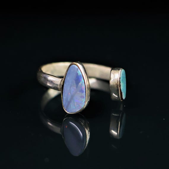 1.76 Gram Australian Opal Ring, Sterling Silver Ring, Blue Opal Ring, Adjustable Minimalist Gemstone Jewelry, Double Stone Ring Gift for Her
