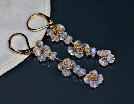 Vintage Rainbow Moonstone Earrings, AAA Rainbow , 925 Sterling Silver earrings, Cluster earrings for her, Women earrings, Gift for her.
