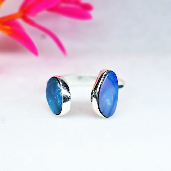 2.05 Gram Australian Opal Ring, Sterling Silver Ring, Blue Opal Ring, Adjustable Minimalist Gemstone Jewelry, Double Stone Ring Gift for Her
