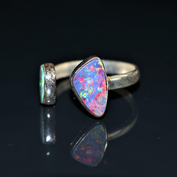 Natural  Australian Opal Ring, Sterling Silver Ring, Blue Opal Ring, Adjustable Minimalist Gemstone Jewelry, Double Stone Ring Gift for Her.