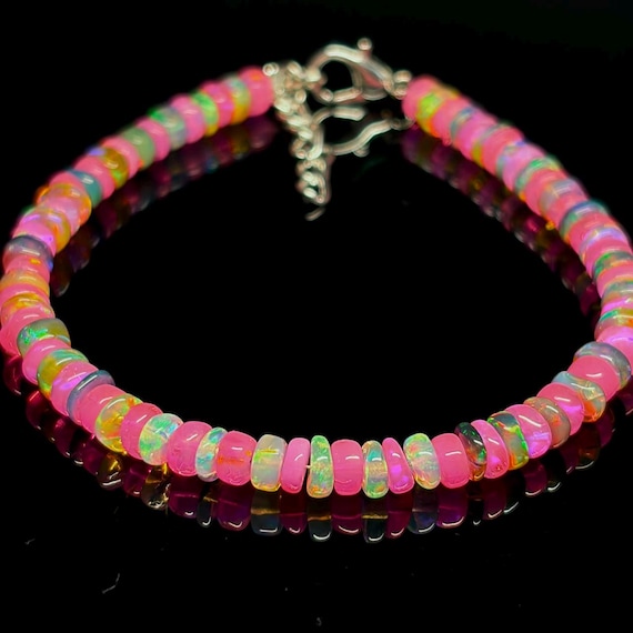 Natural Pink - White Fire Opal Bracelet, Minimalist Bracelet, Handmade jewelry, AAA Paraiba Bead Bracelet, White Opal Bracelet gift for Her.