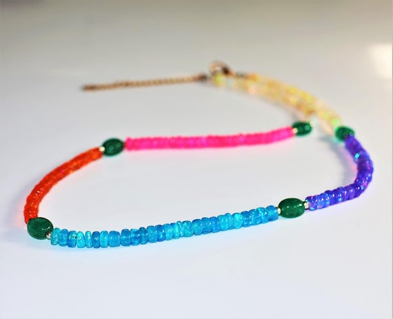 Rainbow Gemstone Beaded Necklace, Multi Color Choker with Natural Emerald and Opal Beads, Boho Colorful Crystal Necklace, Gift for Her