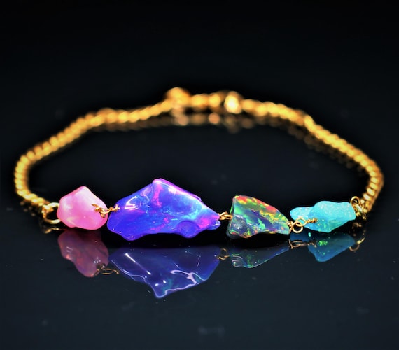 Multi color fire opal tumble gold chain bracelet for women, fire opal jewelry, October birthstone, AAA Ethiopian opal bracelet, Gift for her