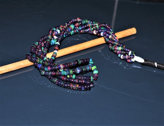 Black fire Ethiopian opal beaded loose line, Smooth rondelle beads line, 3x4 MM Beads, 4x5 MM Beads, Black fire opal beads loose line.