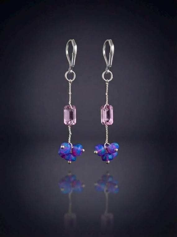 Handmade Amethyst, Lavender Opal Dangle Earring, Sterling Silver Leverback Wire, Faceted Gemstone, Opal Cluster Jewelry, Unique Gift for Her