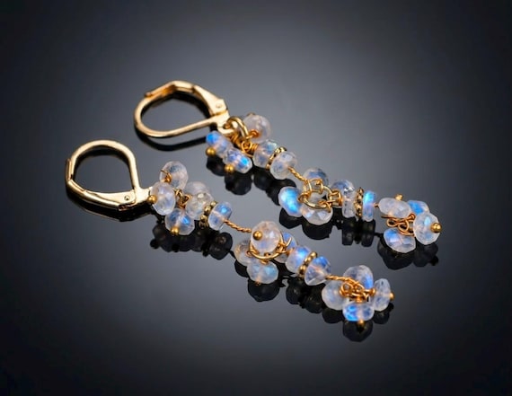 Vintage Rainbow Moonstone Earrings, AAA Rainbow , 925 Sterling Silver earrings, Cluster earrings for her, Women earrings, Gift for her.