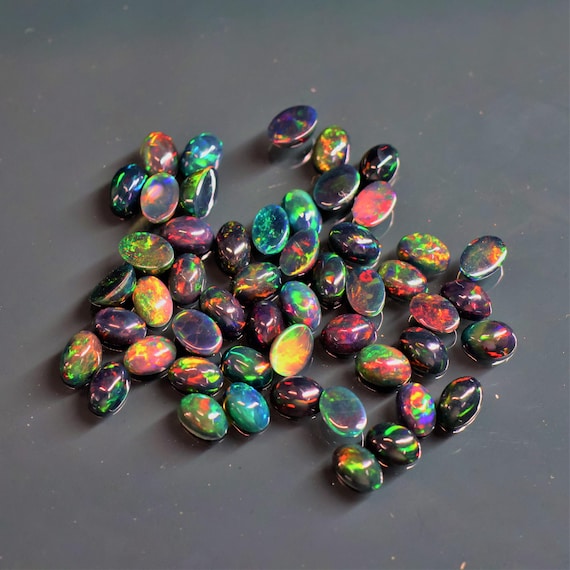 Vintage Fire Black Rainbow Fire Opal Lot, Black Color 6x4 MM Size Natural Opal Ethiopian Natural Gemstone, Gift For Her.